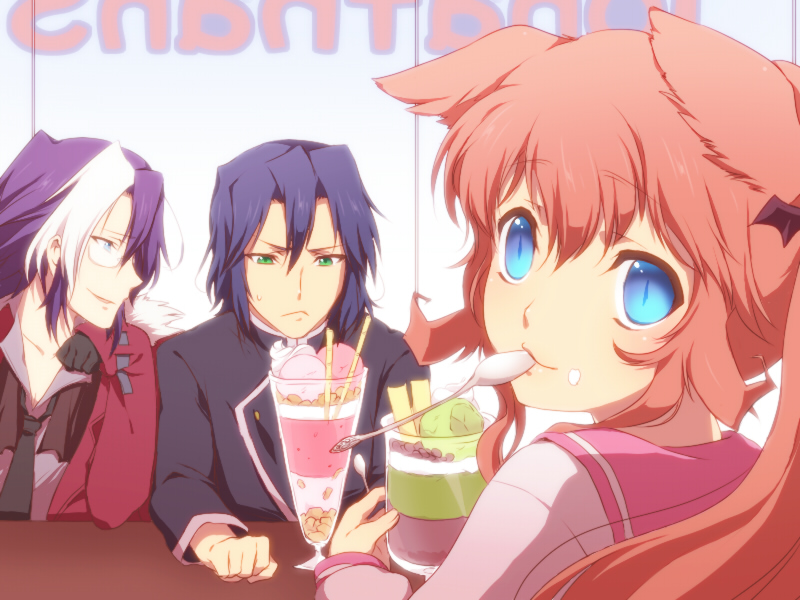 1girl, 2boys, andou_mirai, animal_ears, black_hair, blue_eyes, blush, brothers