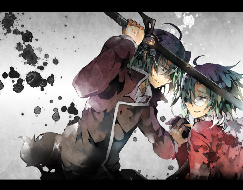 2boys, black_hair, brothers, coat, fur_trim, gakuran, green_eyes, ice_(iceglacier), itsuka_tenma_no_kuro_usagi, kurenai_gekkou, kurenai_hinata, monocle, multicolored_hair, multiple_boys, red_eyes, school_uniform, short_hair, siblings, smile, streaked_hair, sword, weapon