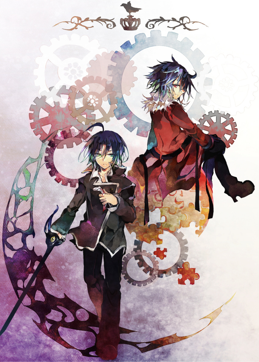 2boys, black_hair, brothers, coat, fur_trim, gakuran, green_eyes, highres