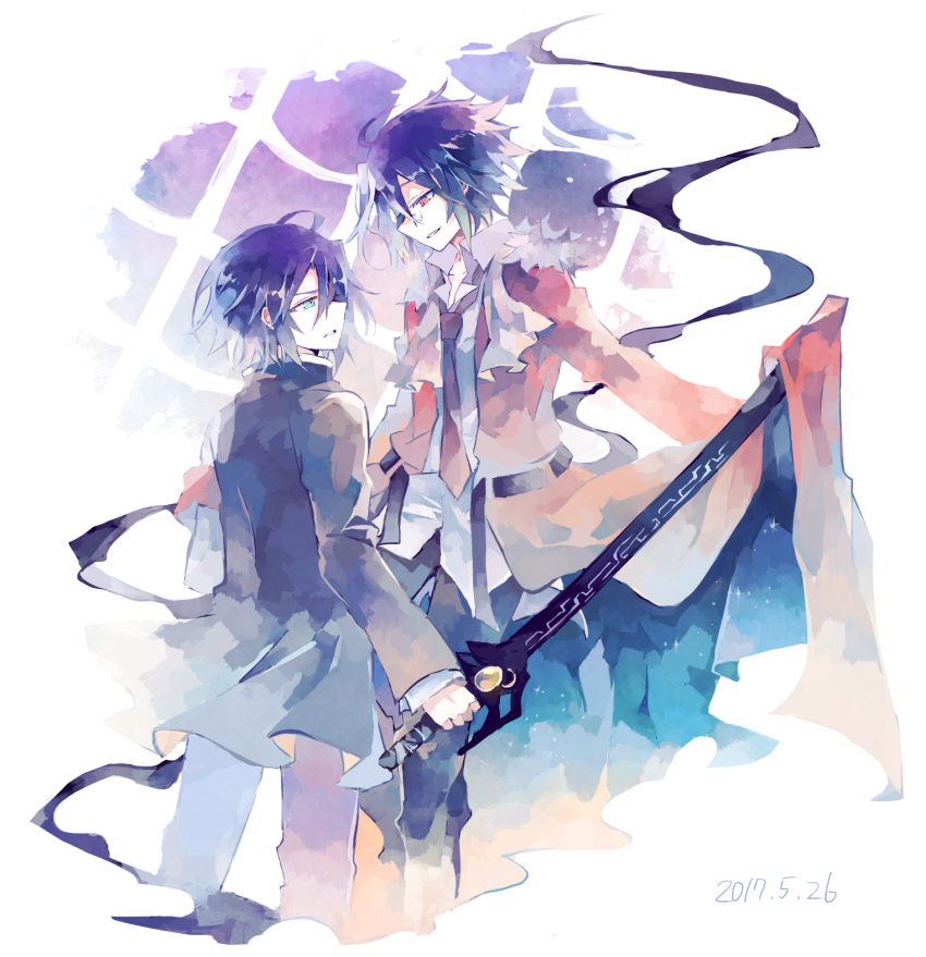 2boys, black_hair, brothers, coat, fur_trim, gakuran, green_eyes, highres