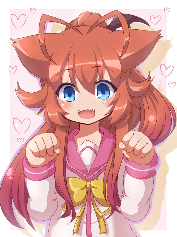 1girl, andou_mirai, animal_ears, blue_eyes, blush, brown_hair, fangs, gradient_hair