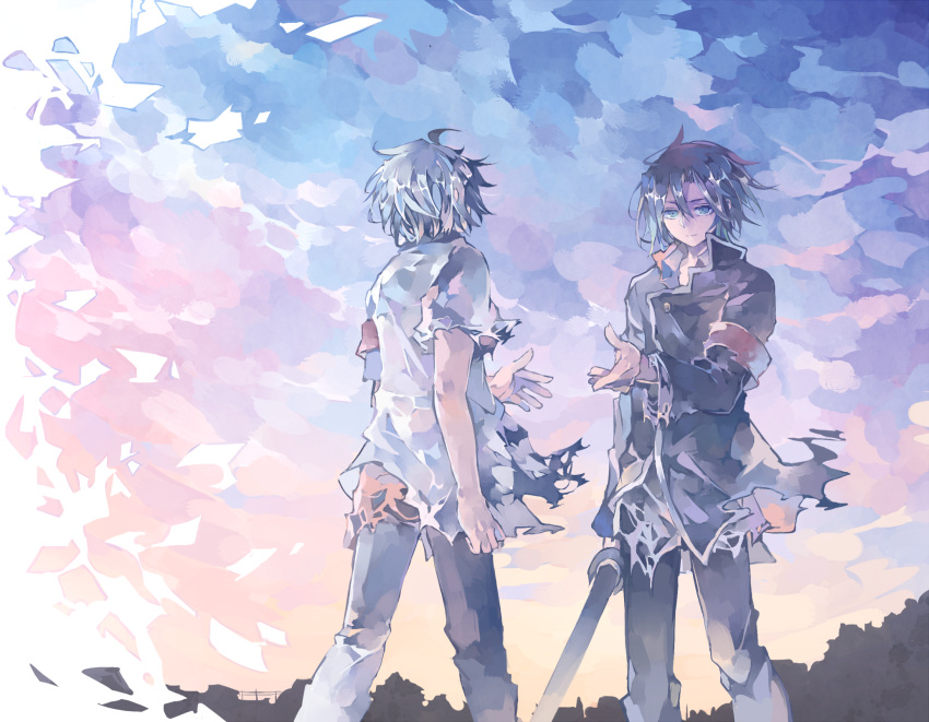 2boys, black_hair, gakuran, green_eyes, grey_hair, highres, ice_(iceglacier), itsuka_tenma_no_kuro_usagi