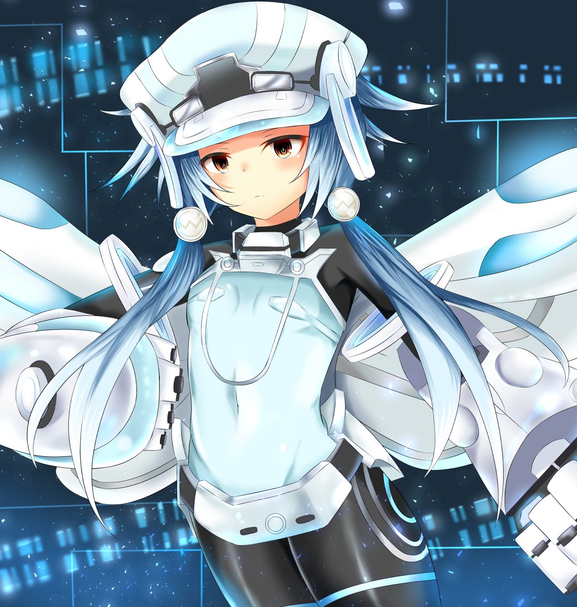 1girl, armor, blue_hair, bodysuit, breasts, cabbie_hat, hair_ornament, hat