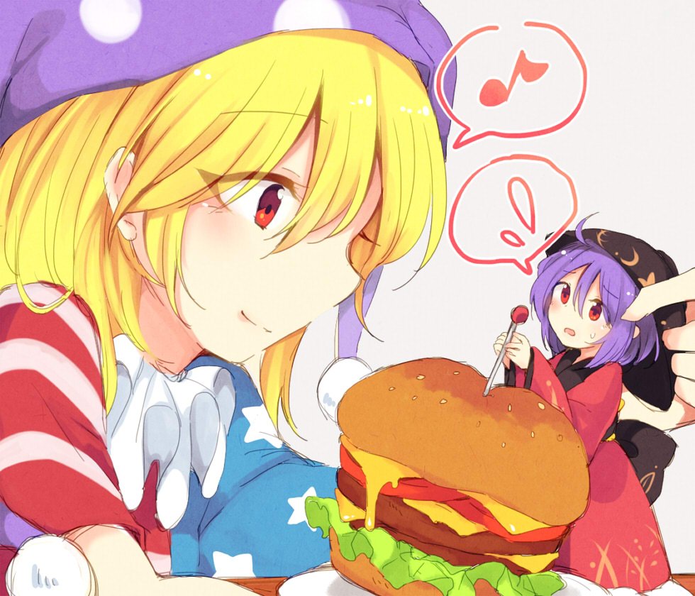 2girls, american_flag_dress, blonde_hair, bowl, bowl_hat, cheese, closed_mouth, clownpiece
