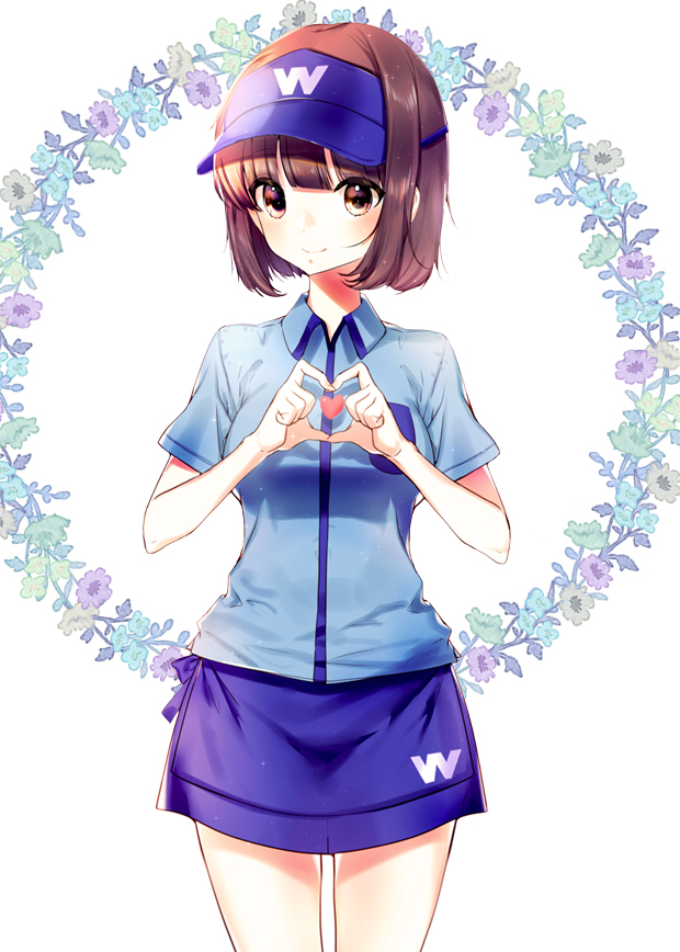 1girl, brand_name_imitation, brown_eyes, brown_hair, flower, heart, heart_hands, looking_at_viewer
