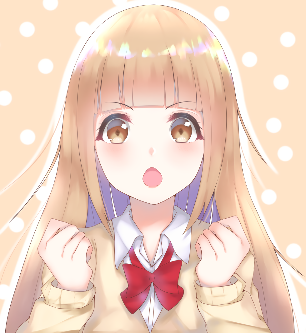 :o, ayase_chisato_(ay_c1), brown_eyes, clenched_hand, hand_up, long_hair, looking_at_viewer, miyano_(tanakeda)