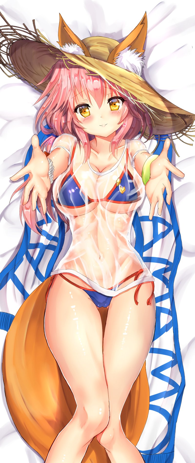 1girl, animal_ears, bangs, bikini, blue_bikini, blush, breasts, closed_mouth
