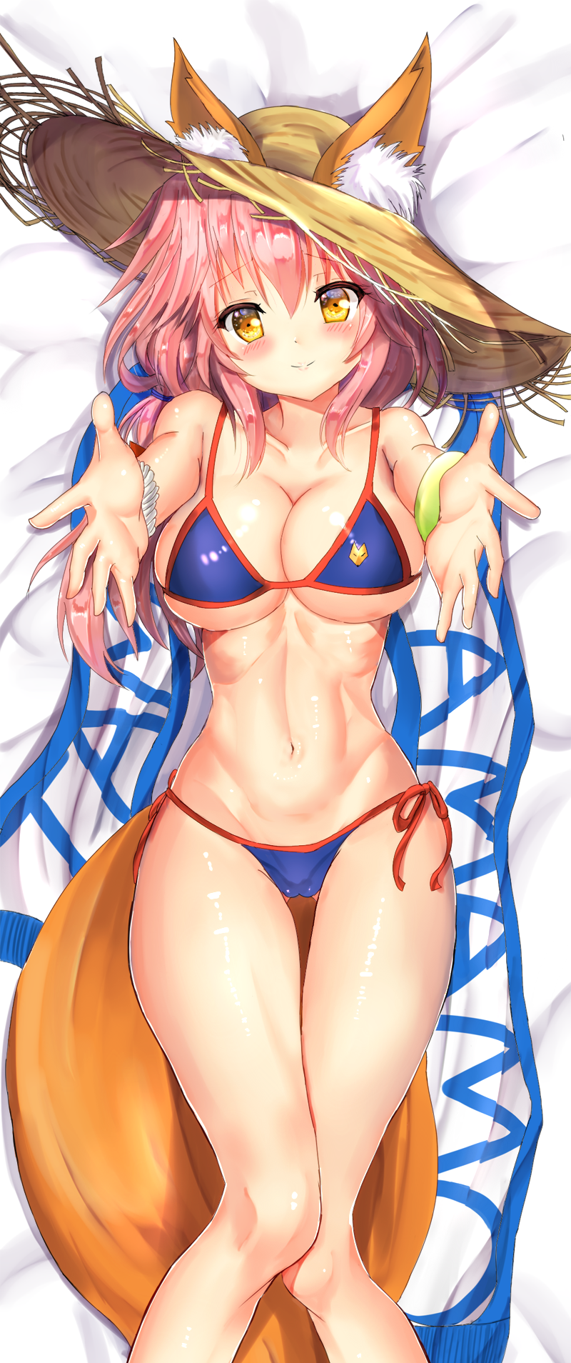 1girl, animal_ears, bangs, bikini, blue_bikini, blush, breasts, closed_mouth