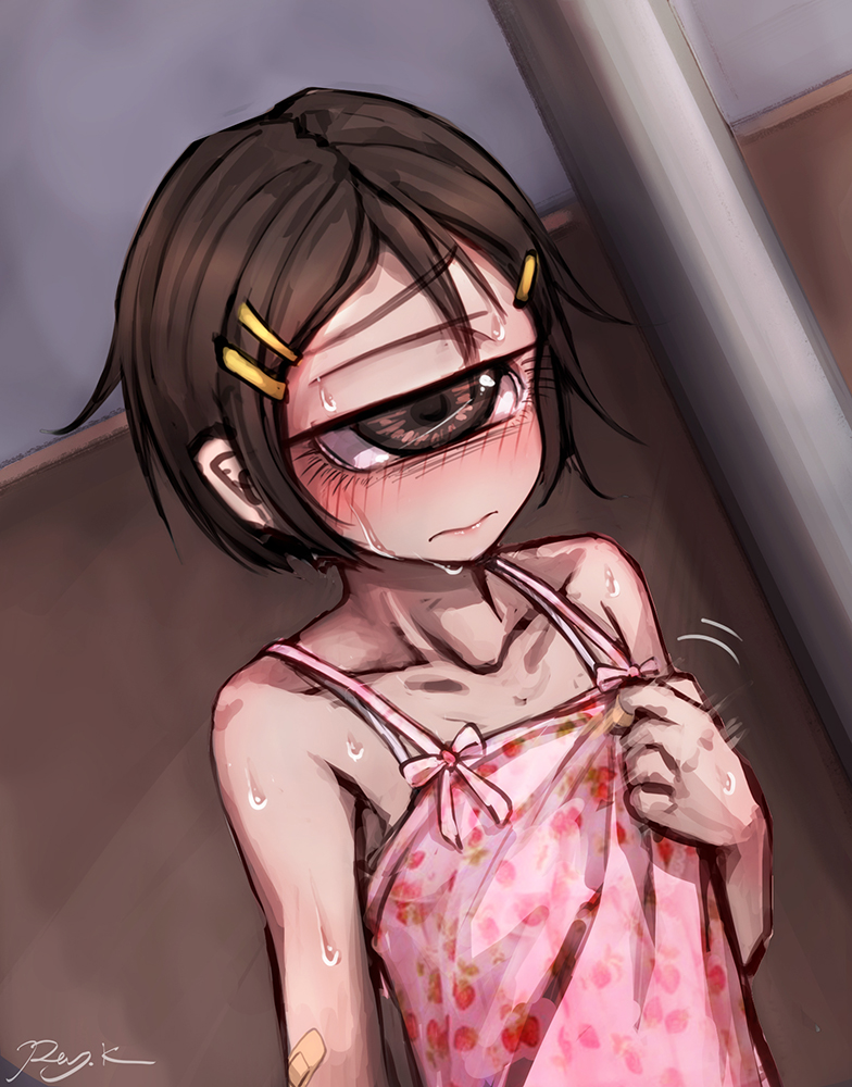 1girl, bandaid, bandaid_on_elbow, bangs, bare_shoulders, blush, brown_hair, camisole