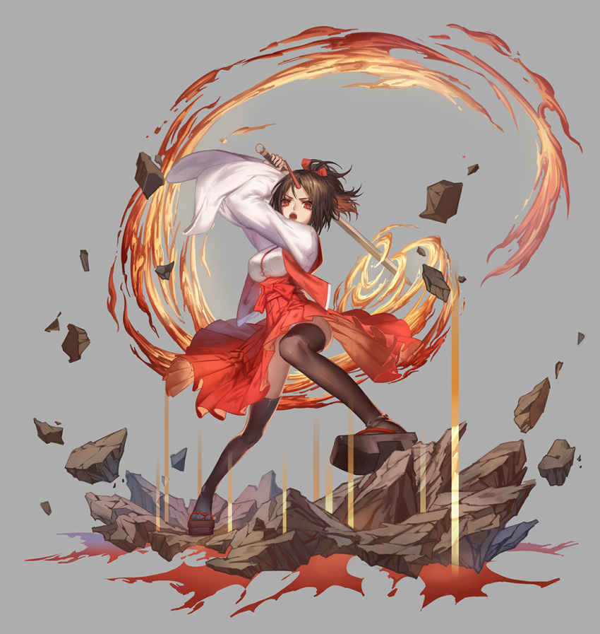 1girl, adapted_costume, angry, arms_up, artist_request, breasts, brown_hair, brown_legwear