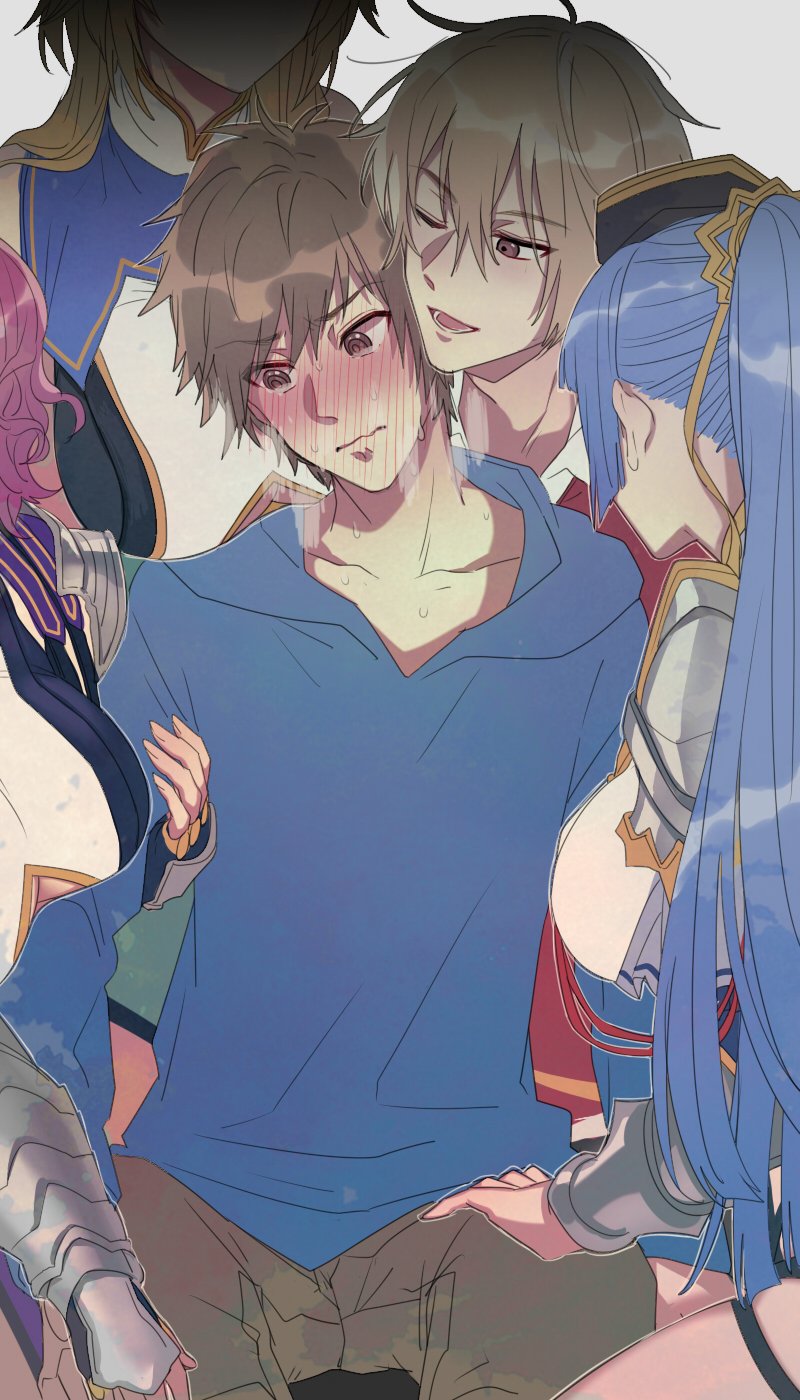 2boys, 3girls, albert_(shingeki_no_bahamut), armor, blonde_hair, blue_hair, brown_eyes, brown_hair