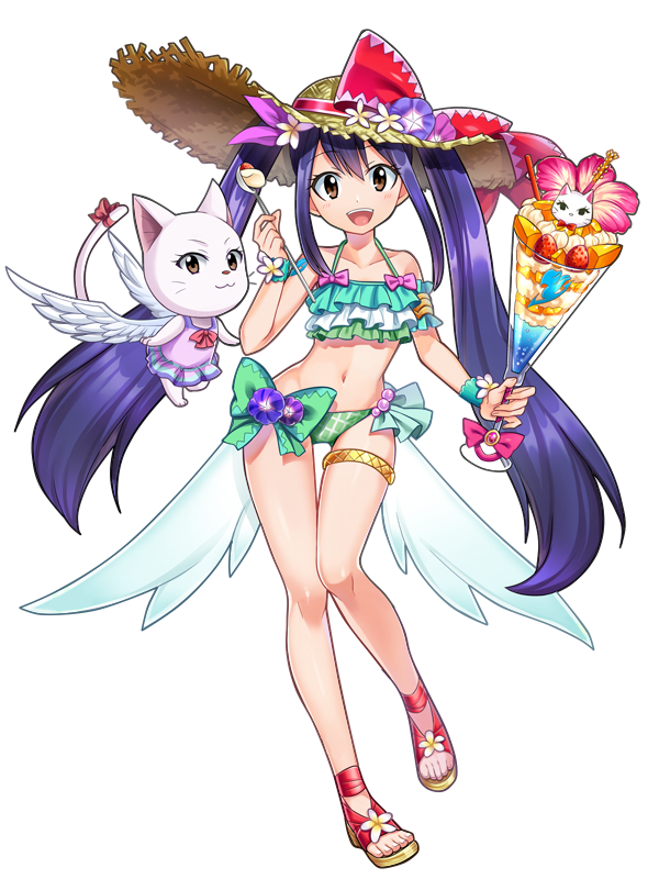 1girl, :d, bikini, blue_hair, blush, bow, brown_eyes, cat