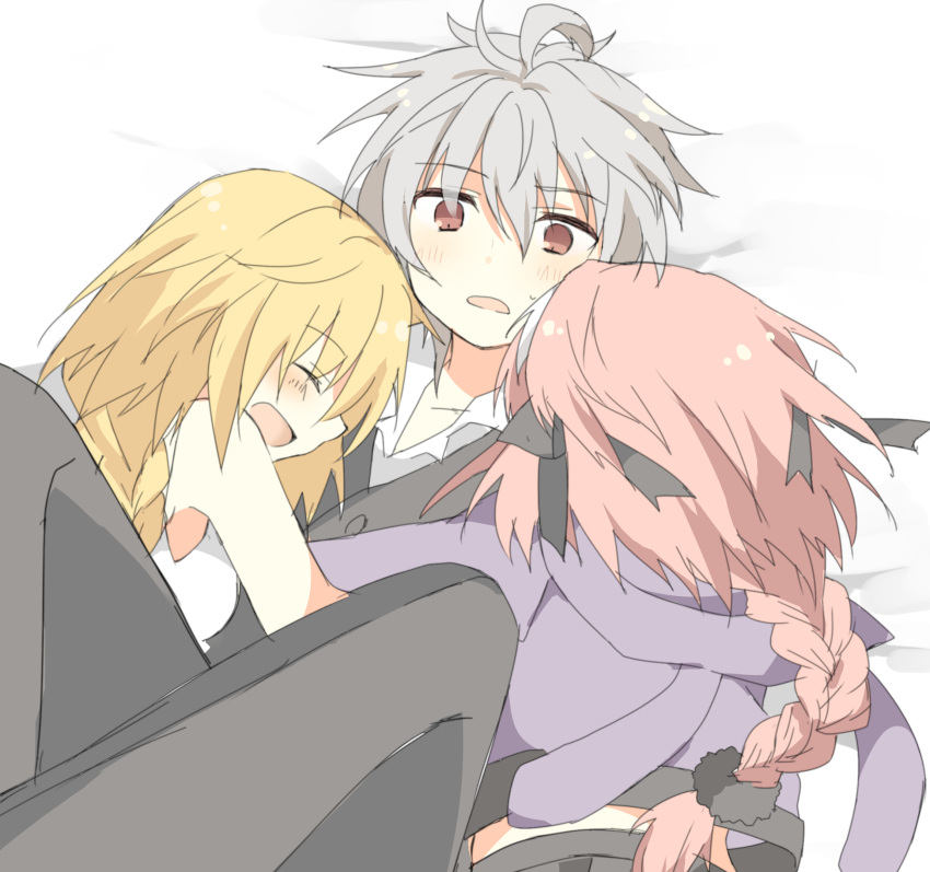 ahoge, bangs, black_pants, black_ribbon, blonde_hair, braid, breasts, closed_eyes