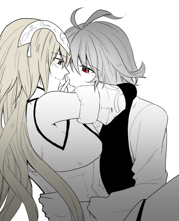 1boy, 1girl, ahoge, bangs, blonde_hair, blush, couple, eyebrows_visible_through_hair