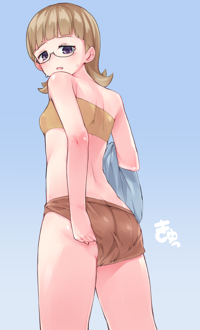 1girl, adjusting_clothes, adjusting_panties, ass, bangs, blue_background, blunt_bangs, bra