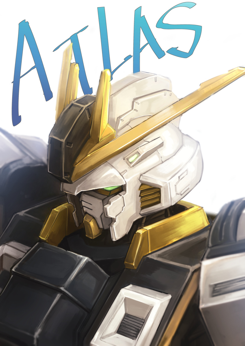 atlas_gundam, character_name, deadspike_nine, glowing, glowing_eyes, green_eyes, gundam, gundam_thunderbolt