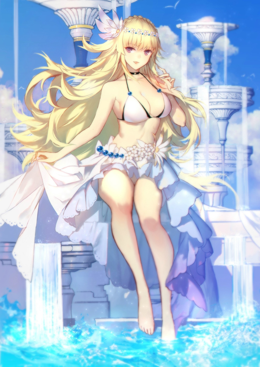1girl, barefoot, bible_bullet, bikini, bird, blonde_hair, blue_sky, braid, breasts, bright_pupils, choker, cleavage, crown_braid, day, eyebrows_visible_through_hair, flower, full_body, hair_flower, hair_ornament, hair_over_shoulder, halterneck, highres, large_breasts, looking_at_viewer, outdoors, sarong, sitting, sky, smile, soaking_feet, solo, swd3e2, swimsuit, violet_eyes, white_bikini