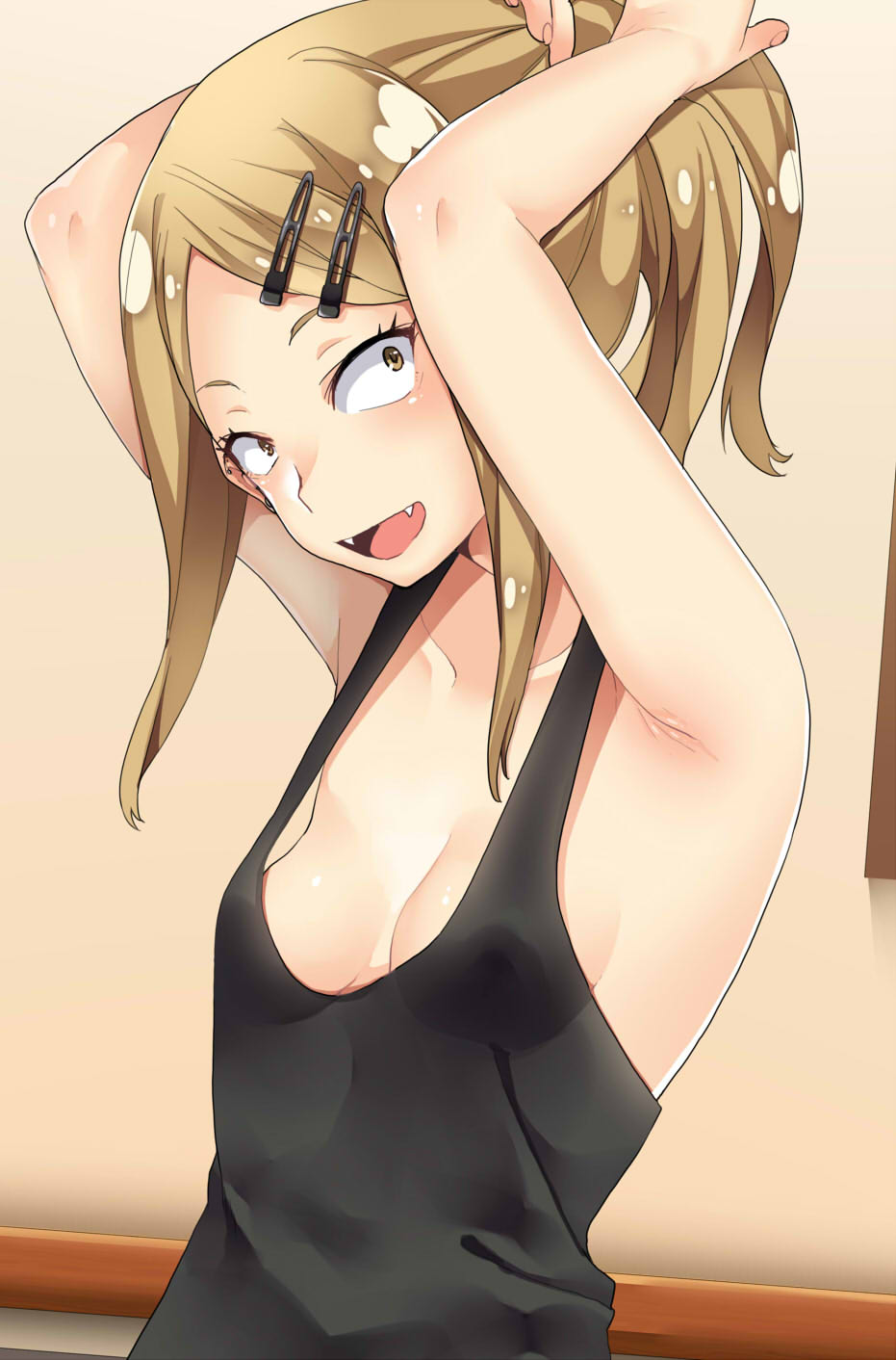 1girl, :d, adjusting_hair, armpits, arms_up, bare_arms, bare_shoulders, black_tank_top
