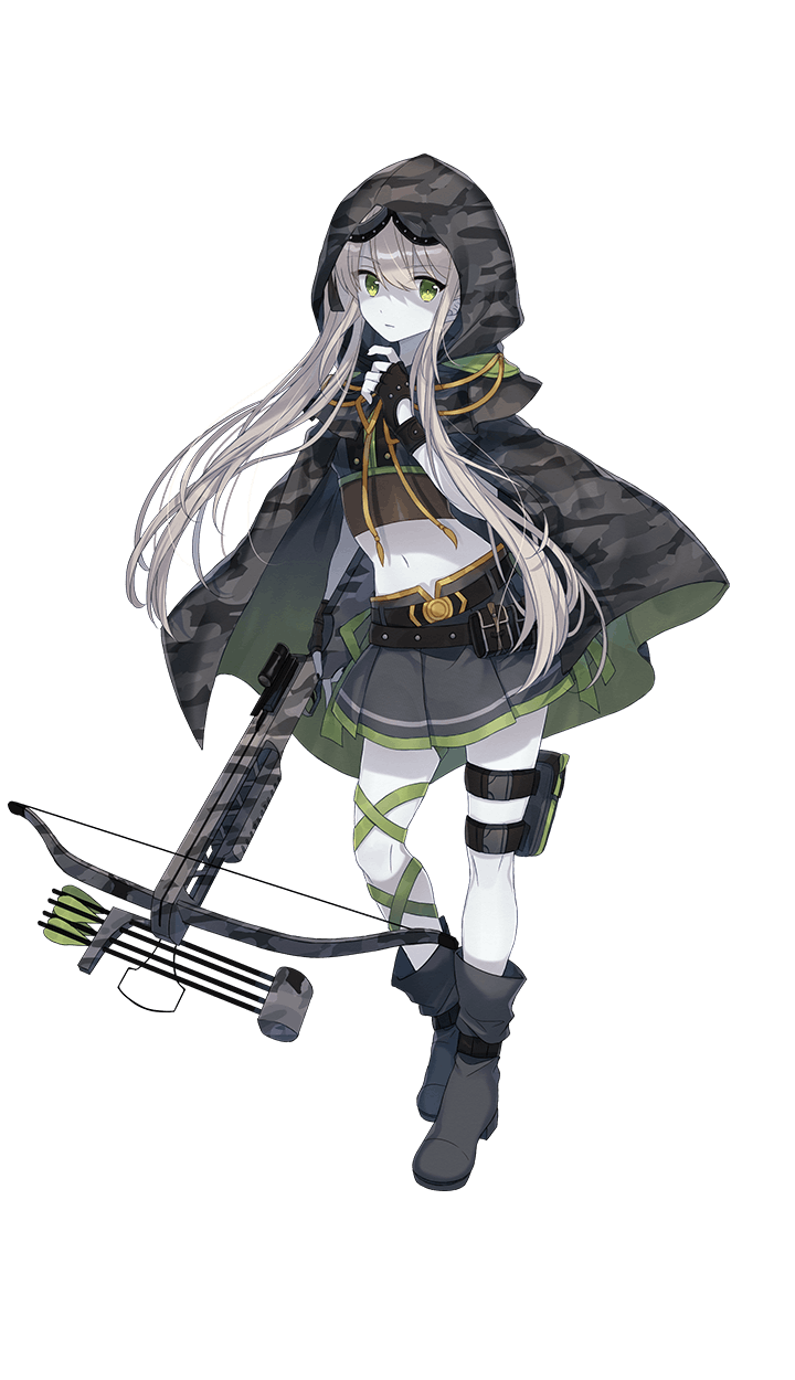 1girl, black_cape, black_footwear, black_gloves, boots, bowgun, cape, formation_girls, full_body, gloves, goggles, goggles_on_head, green_eyes, grey_skirt, highres, hiiragi_souren, holding, holding_weapon, looking_at_viewer, midriff, navel, partly_fingerless_gloves, pleated_skirt, reina_huchsbelger, silver_hair, skirt, solo, transparent_background, weapon