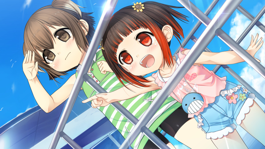 2girls, :d, bag, bangs, bike_shorts, bird, black_hair, black_shorts