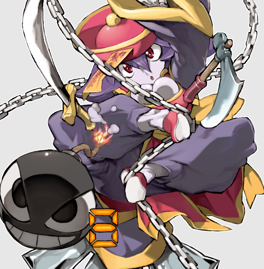 1girl, :o, axe, bangs, bomb, bow, breasts, bursting_breasts