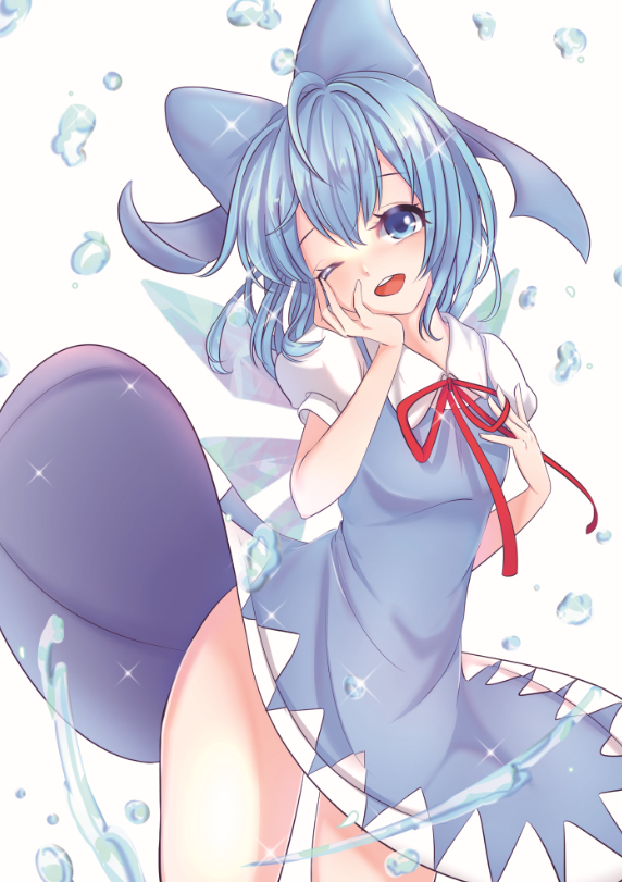 1girl, blue_bow, blue_eyes, blue_hair, blush, bow, cirno, eyebrows_visible_through_hair