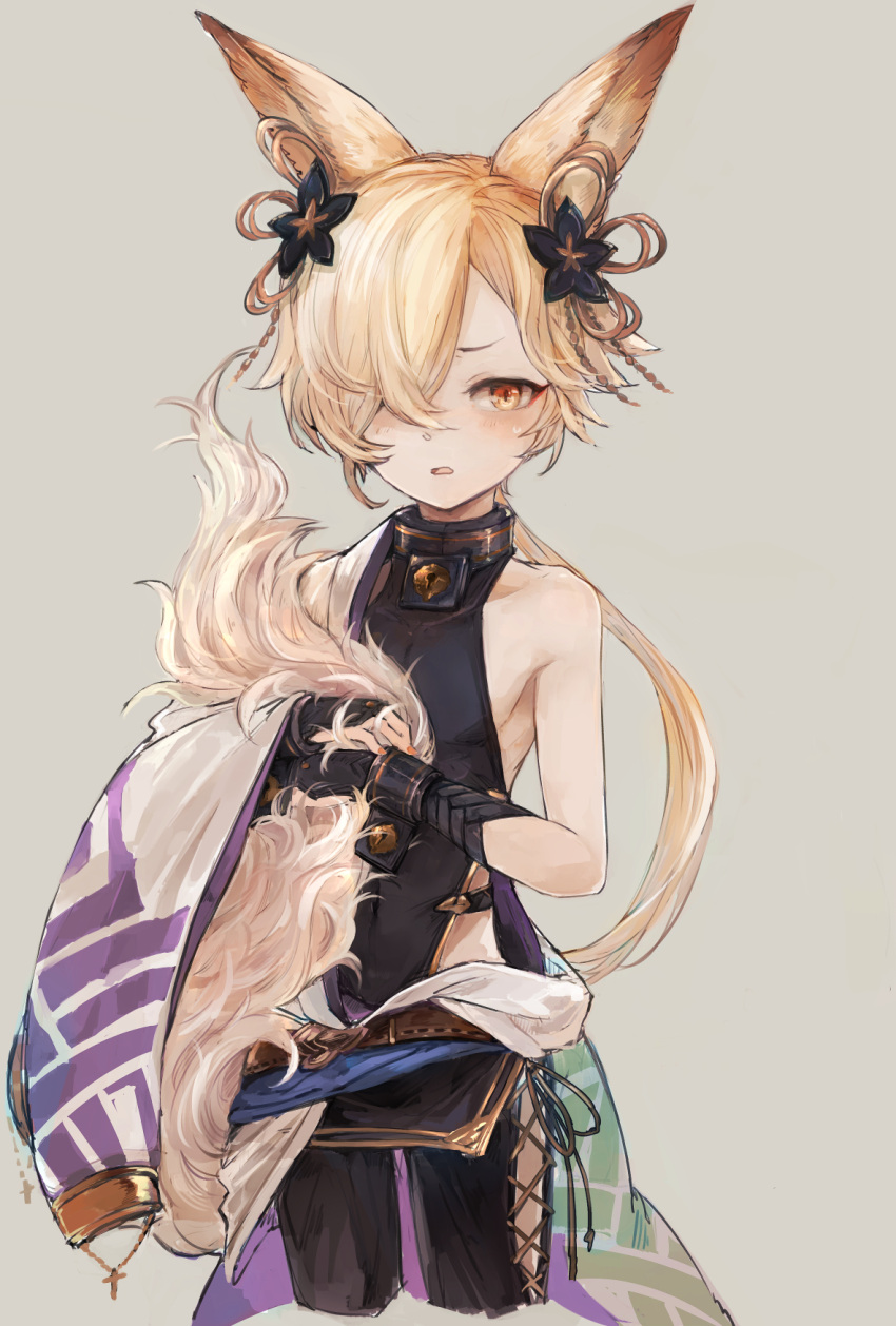 1boy, animal_ears, backless_outfit, bare_arms, black_legwear, blonde_hair, blush, cropped_legs
