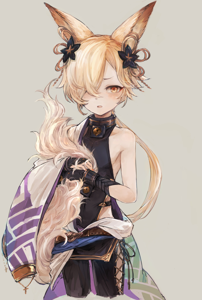 1boy, animal_ears, backless_outfit, bare_arms, black_legwear, blonde_hair, blush, cropped_legs