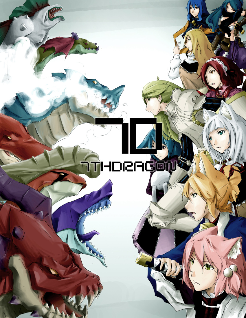 aiteru, animal_ears, armor, bad_id, blonde_hair, blue_hair, dragon, dress, fighter_(7th_dragon), green_hair, hairband, healer_(7th_dragon), highres, irena, knight_(7th_dragon), long_hair, mage_(7th_dragon), parody, persona, persona_3, pink_hair, princess_(7th_dragon), rogue_(7th_dragon), samurai_(7th_dragon), shield, short_hair, stuffed_animal, stuffed_toy