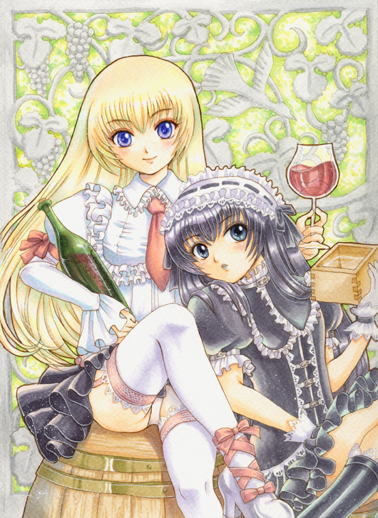 barrel, black_hair, blonde_hair, blue_eyes, boots, crossdressing, crossed_legs, garter_belt