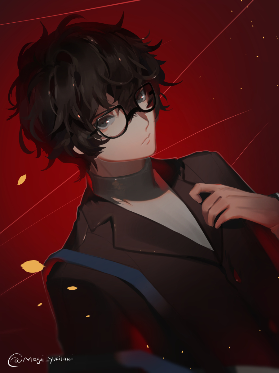 1boy, black_hair, glasses, highres, kurusu_akira, looking_at_viewer, male_focus, persona