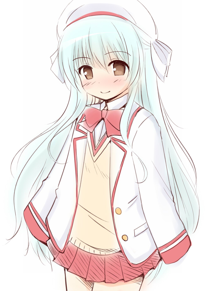 1girl, aqua_hair, bangs, beret, blazer, blush, bow, bowtie
