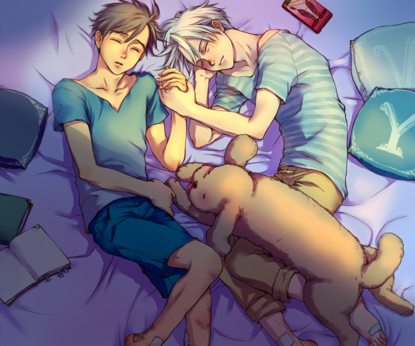 2boys, bandage, barefoot, black_hair, book, brown_hair, cellphone, closed_eyes