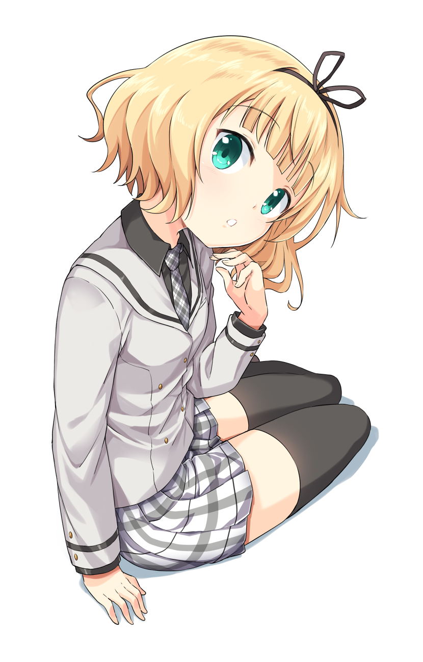 1girl, arm_support, bangs, black_legwear, black_ribbon, black_shirt, blazer, blonde_hair