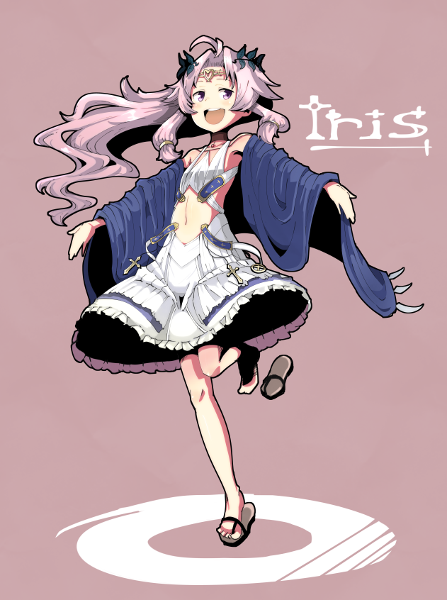 1girl, :d, antenna_hair, bangs, character_name, circlet, collarbone, flat_chest, floating_hair, full_body, hachimitsucoffee, iris_(sennen_sensou_aigis), leg_up, long_hair, navel, open_mouth, outstretched_arms, parted_bangs, pink_eyes, pink_hair, sandals, sandals_removed, sennen_sensou_aigis, sidelocks, skirt, smile, solo, standing, standing_on_one_leg, very_long_hair, white_skirt
