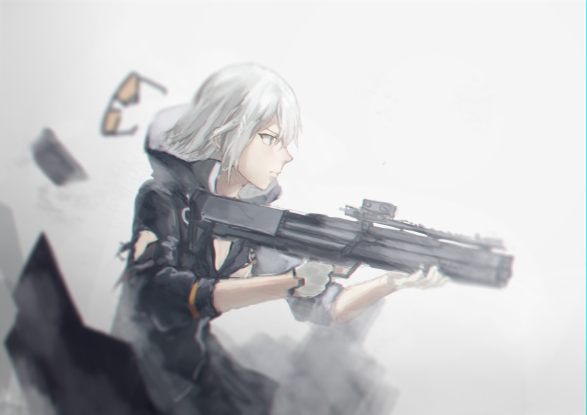 1girl, absurdres, ajirui, armor, breasts, eyewear_removed, fingerless_gloves, girls_frontline, glasses, gloves, grey_background, grey_eyes, gun, hair_between_eyes, highres, hood, hood_down, hoodie, kel-tec, kel-tec_ksg, ksg_(girls_frontline), looking_away, medium_breasts, parted_lips, pump_action, shirt, shotgun, silver_hair, simple_background, solo, torn_clothes, torn_jacket, torn_shirt, trigger_discipline, weapon, white_gloves, white_hair