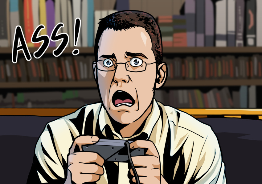 >:(, 1boy, angry, angry_video_game_nerd, blue_eyes, brown_hair, controller, couch, d:<, game_console, game_controller, glasses, hands, highres, james_rolfe, male_focus, nes, open_mouth, real_life, shelf, shirt, suzushiro_(suzushiro333), white_shirt