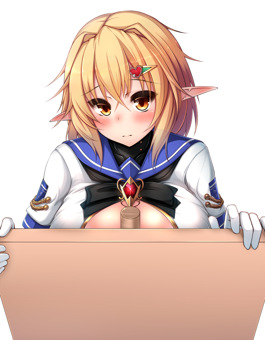 1girl, blonde_hair, blush, brave_girl_ravens, breast_press, brigitte_frankle, cleave, commentary_request