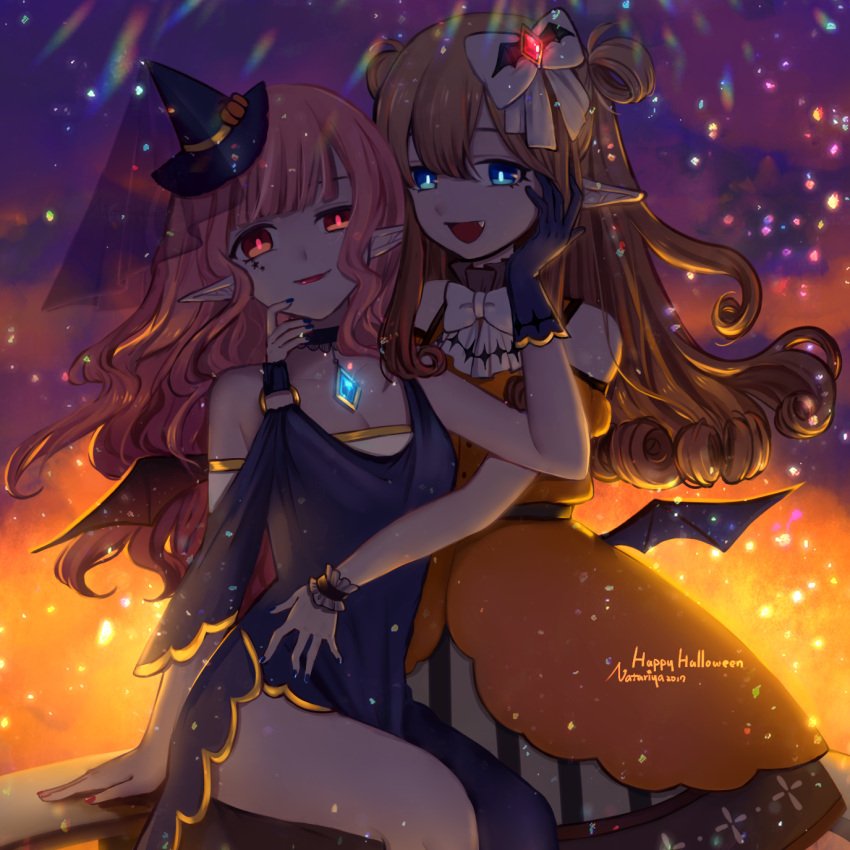 2girls, artist_name, bat_wings, black_gloves, black_hair, blue_eyes, blue_nails, bow, choker, dress, fangs, gem, gloves, hair_bow, hair_rings, halloween, hand_on_another's_cheek, hand_on_another's_face, happy_halloween, hat, highres, long_hair, looking_at_viewer, multiple_girls, nail_polish, natariya, o-ring, orange_dress, original, pointy_ears, red_eyes, red_nails, sitting, vampire, wings, witch_hat