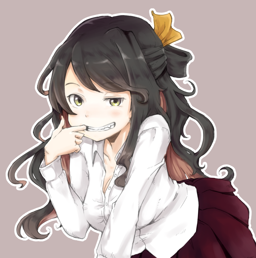1girl, bangs, black_hair, blush, breasts, brown_background, cleavage, collared_shirt