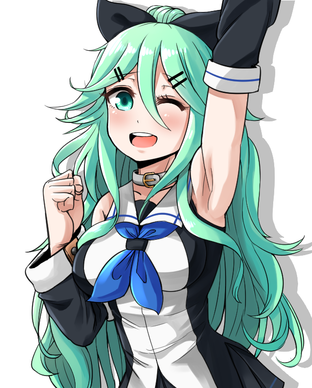 1girl, ;d, arm_up, armpits, choker, clenched_hand, collarbone, commentary_request