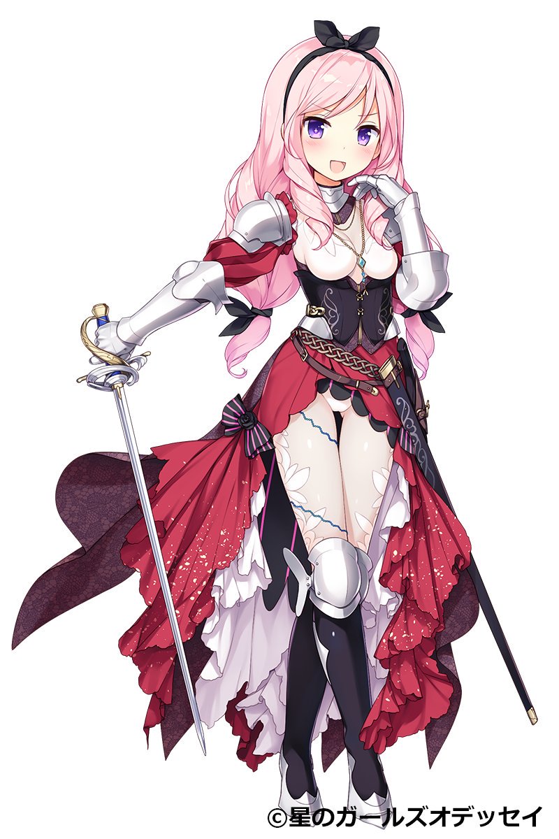 1girl, :d, armor, armored_dress, artist_request, black_bow, black_footwear, black_hairband