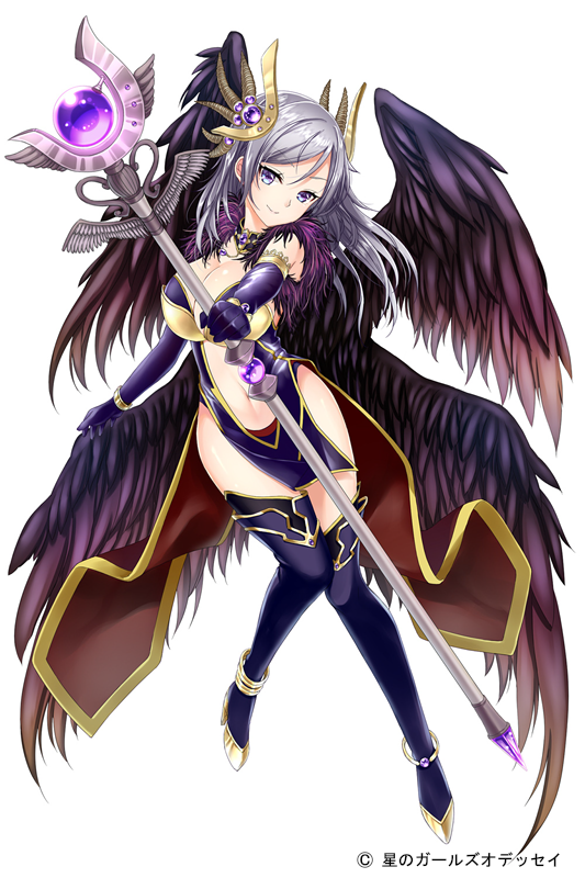 1girl, black_footwear, black_gloves, black_wings, boots, breasts, cleavage, copyright_name