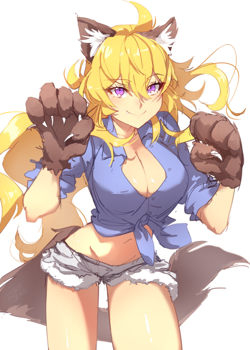 1girl, absurdres, animal_ears, azure-zer0, blonde_hair, breasts, cleavage, denim