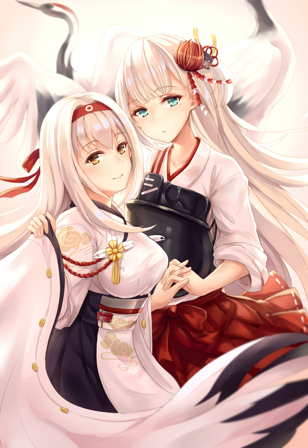 2girls, aqua_eyes, azur_lane, bird, blurry, blush, brown_eyes, closed_mouth, commentary_request, cosplay, costume_switch, crossover, depth_of_field, floating_hair, hair_ornament, hairband, hakama_skirt, hand_holding, highres, interlocked_fingers, japanese_clothes, kantai_collection, kanzashi, kimono, long_hair, multiple_girls, muneate, namesake, obi, pleated_skirt, red_skirt, revision, sash, shoukaku_(azur_lane), shoukaku_(azur_lane)_(cosplay), shoukaku_(kantai_collection), shoukaku_(kantai_collection)_(cosplay), sidelocks, silver_hair, skirt, sleeves_rolled_up, smile, white_kimono, yuemanhuaikong
