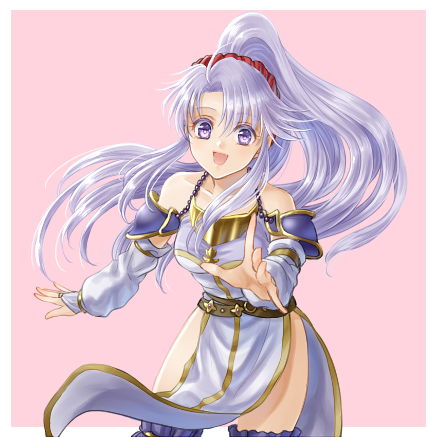 1girl, :d, bare_shoulders, belt, bracelet, bridal_gauntlets, dress, fire_emblem