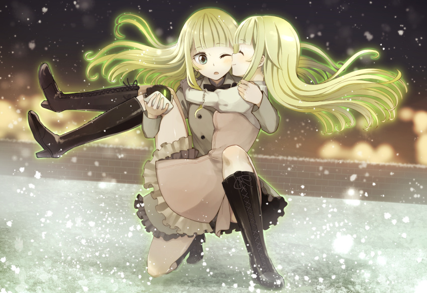 2girls, ^_^, ange_(princess_principal), boots, breasts, carrying, cavorite_ball, closed_eyes, d;, dress, floating_hair, from_side, glowing, high_heel_boots, high_heels, hug, juliet_sleeves, knee_boots, long_hair, long_sleeves, medium_breasts, multiple_girls, niina_ryou, one_eye_closed, open_mouth, princess_(princess_principal), princess_carry, princess_principal, profile, puffy_sleeves, snowing, yuri