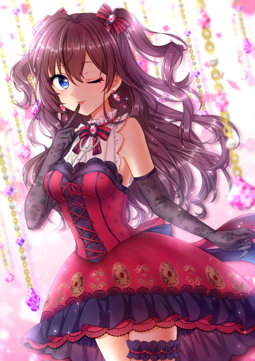 1girl, ;p, black_gloves, blue_eyes, bow, brown_hair, cowboy_shot, dress