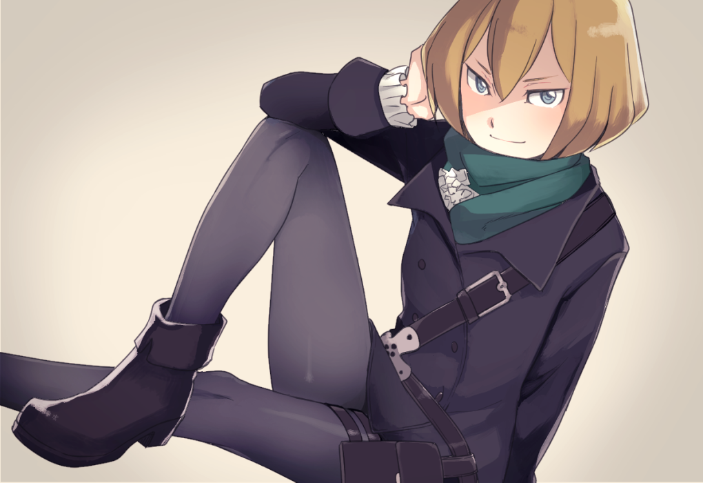 >:), 1girl, black_footwear, black_legwear, elbow_on_knee, light_smile, niina_ryou, pantyhose