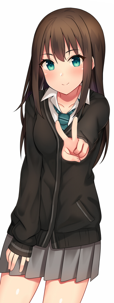 1girl, aqua_eyes, aqua_neckwear, black_sweater, blush, brown_hair, collarbone, cowboy_shot